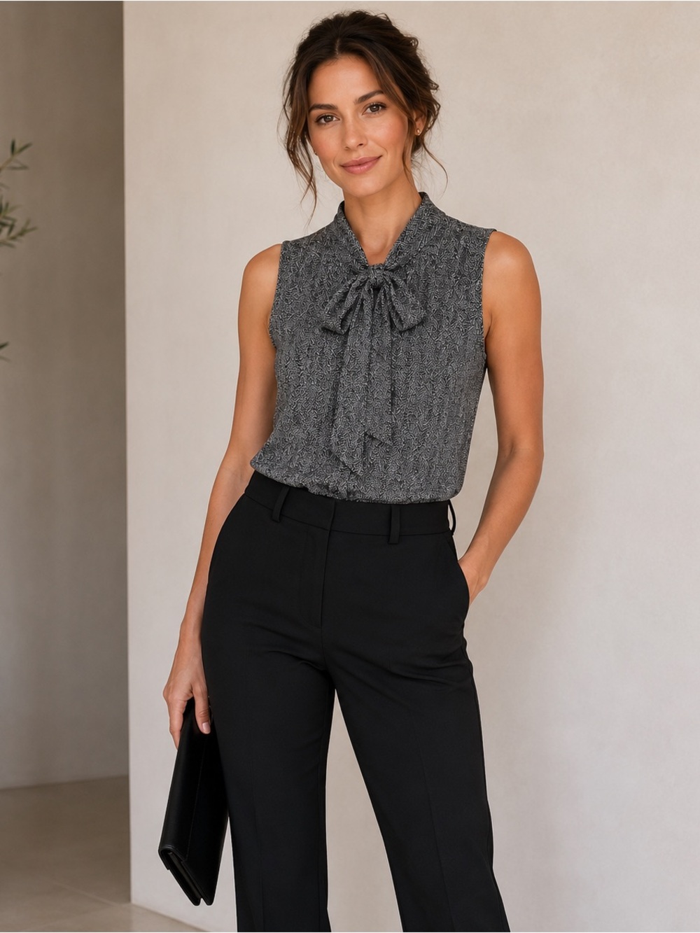Banana Republic Sleeveless Tie Neck Blouse Small | Black & White Print | Career